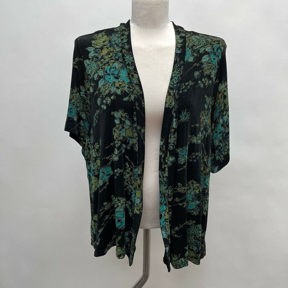En Focus Women's Top X-Large Black Green Blue Short‎ Sleeve Floral